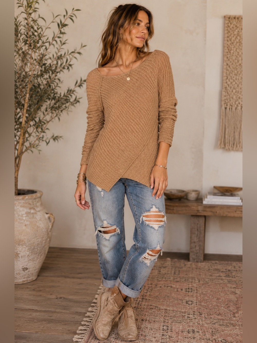 Free People Camel Ribbed Asymmetrical Hem Boat Neck Sweater Medium